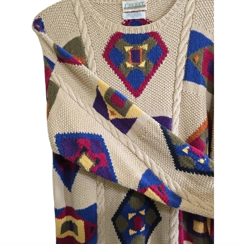 Vintage 90s Cricket Multicolor Designed Linen Cotton Blend Sweater XL Crewneck - Picture 2 of 4
